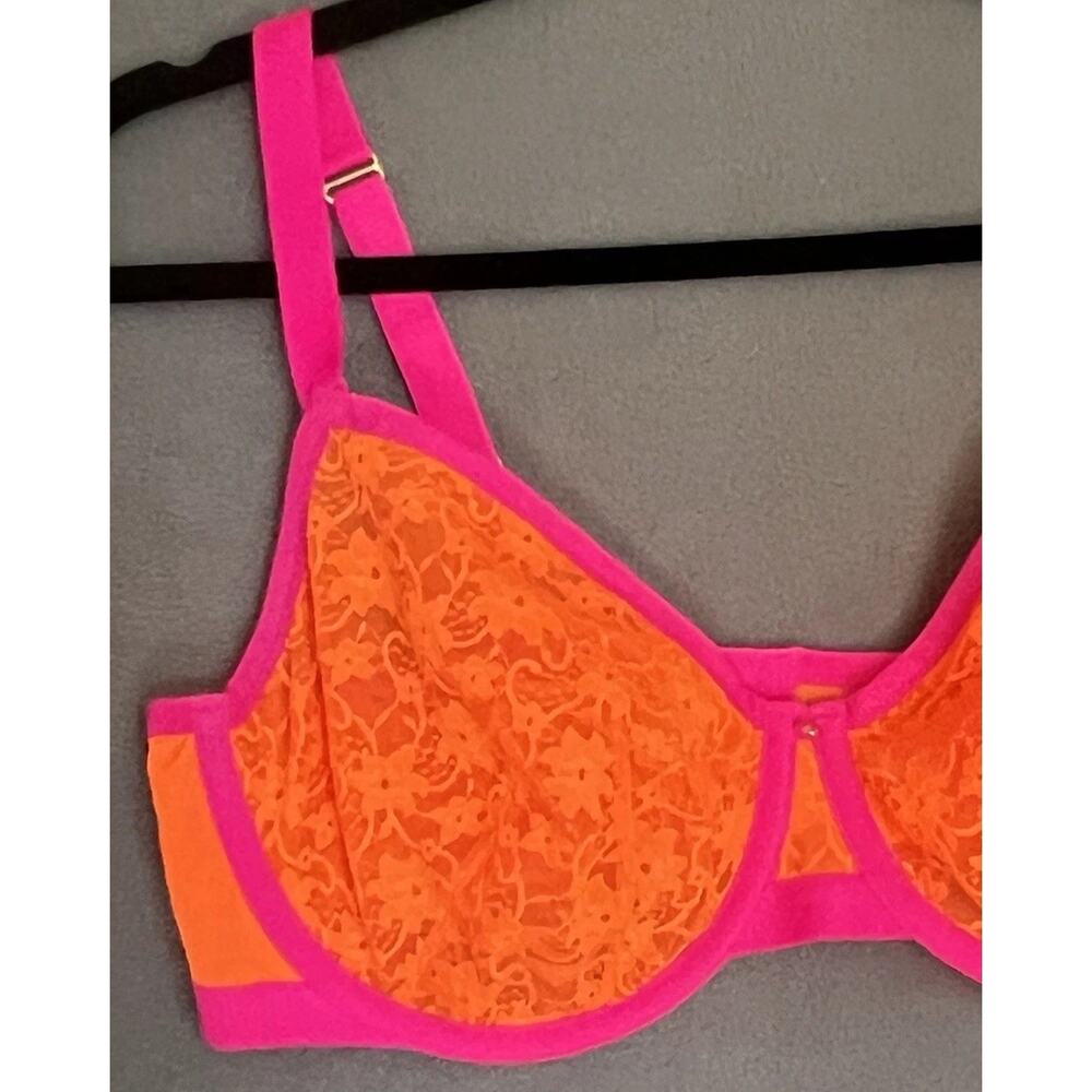 Cacique Unlined Demi Bra 40DDD Orange Pink Floral Lace Underwire Sexy Feminine - Picture 3 of 10